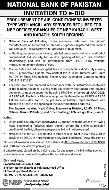 National Bank of Pakistan Karachi Tender Notice
